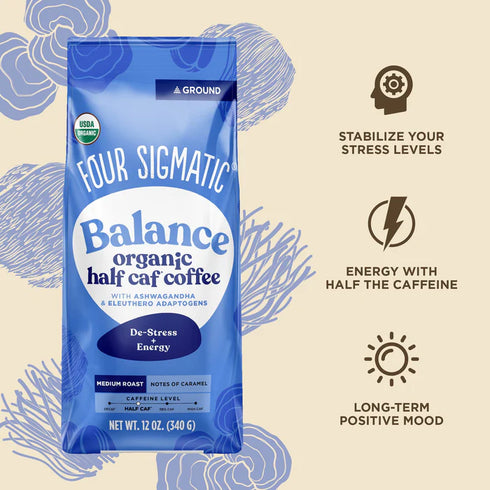 Four Sigmatic Balance Half-Caf Organic Ground Coffee with Chaga Mushroom & Ashwagandha, Medium Roast