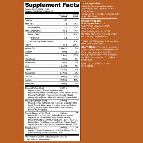 Four Sigmatic Organic Plant-Based Protein with Mushrooms & Adaptogens, Peanut Butter