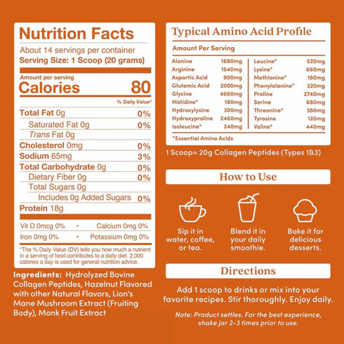 Further Food Hazelnut Bovine Collagen Peptides Powder with Lion's Mane Mushroom