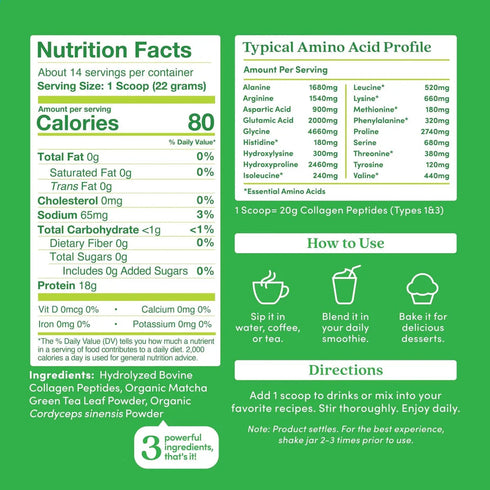 Further Food Matcha Bovine Collagen Peptides Powder with Cordyceps Mushroom