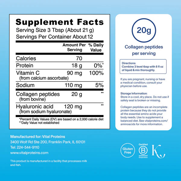 Vital Proteins Advanced Collagen Unflavoured Peptides Powder with Hyaluronic Acid & Vitamin C (Small 265g / Big 567g)