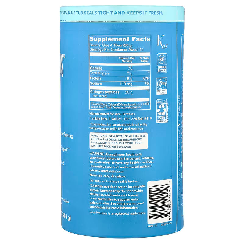 Vital Proteins Bovine Collagen Peptides Unflavoured Powder - Skin, Hair, & Joint Support (265g / 284g)