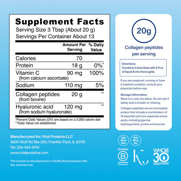 Vital Proteins Advanced Collagen Unflavoured Peptides Powder with Hyaluronic Acid & Vitamin C (Small 265g / Big 567g)