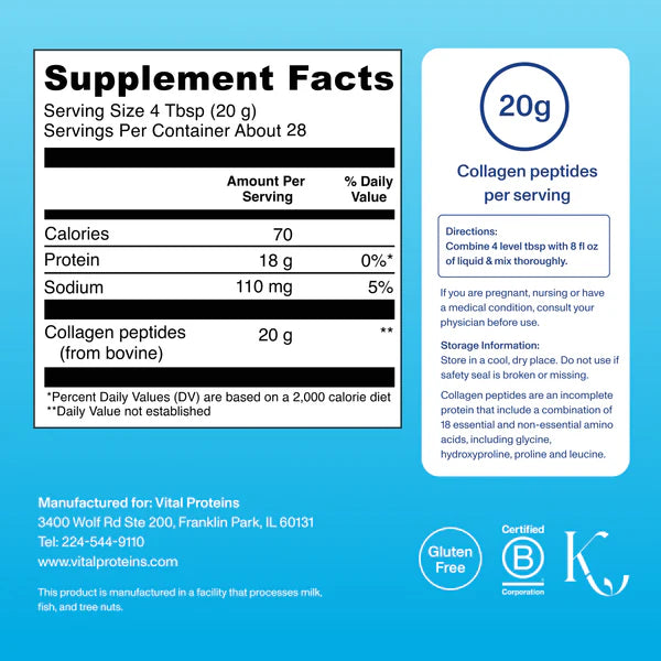 Vital Proteins Bovine Collagen Peptides Unflavoured Powder (567g) - Skin, Hair, & Joint Support