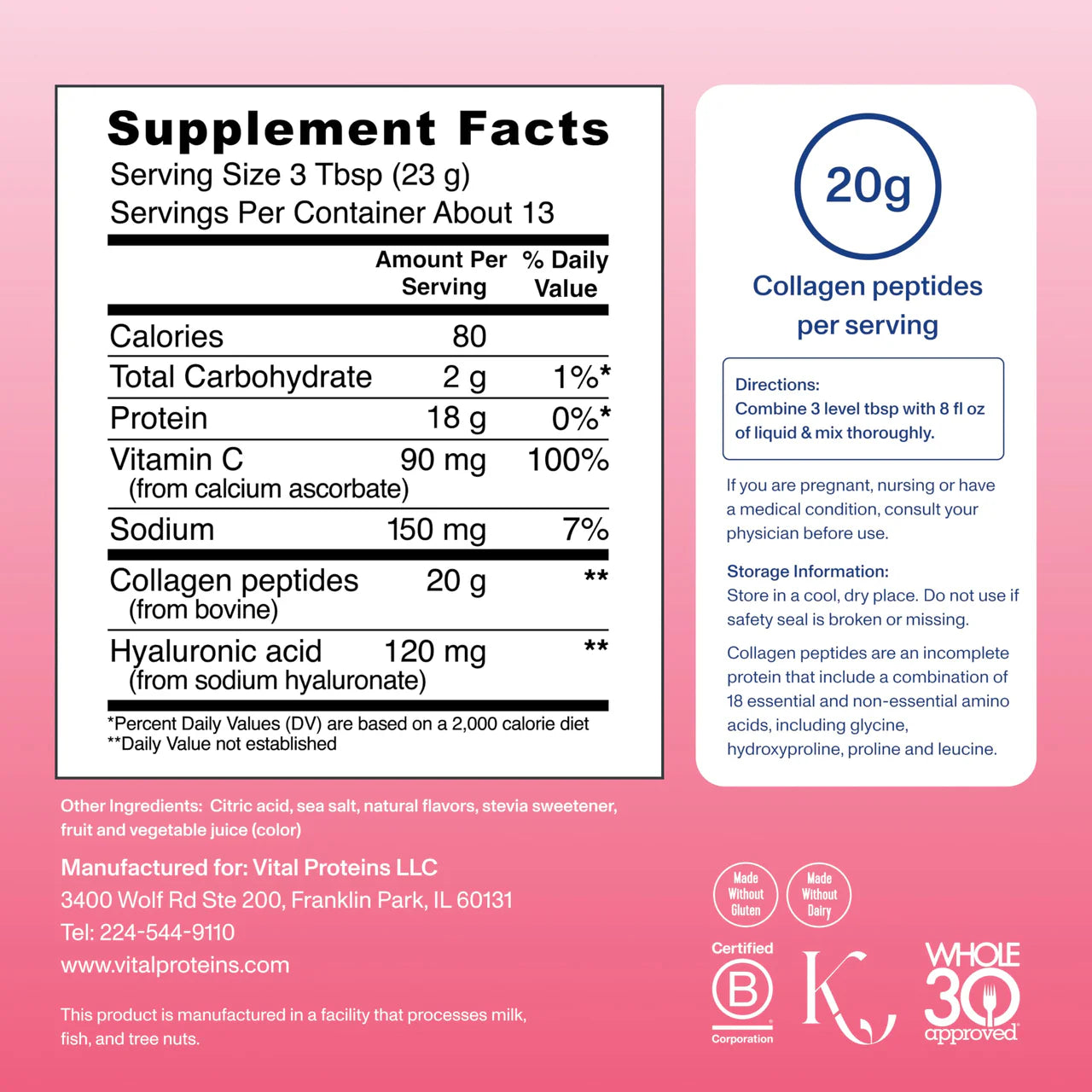 Vital Proteins Advanced Collagen Peptides Powder with Hyaluronic Acid & Vitamin C - Strawberry Lemon (299g)