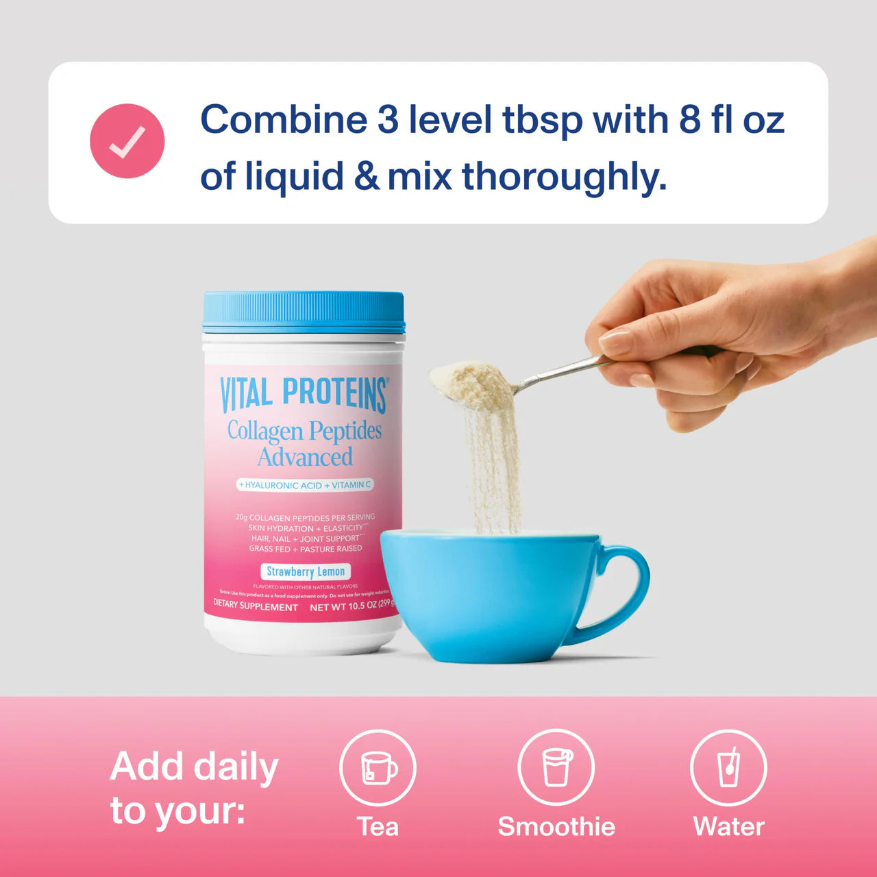 Vital Proteins Advanced Collagen Peptides Powder with Hyaluronic Acid & Vitamin C - Strawberry Lemon (299g)