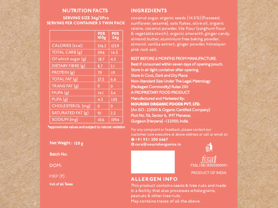 Nourish Organics Ginger Oats Cookies | Wheat-Free