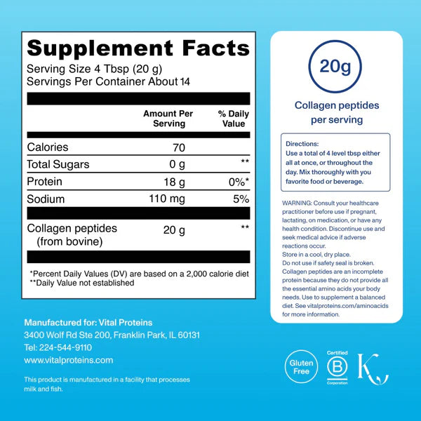 Vital Proteins Bovine Collagen Peptides Unflavoured Powder (284g) - Skin, Hair, & Joint Support