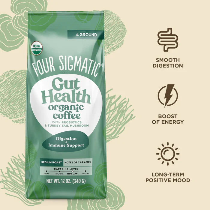 Four Sigmatic Gut-Health Organic Ground Coffee with Probiotics & Turkey Tail Mushroom, Medium Roast