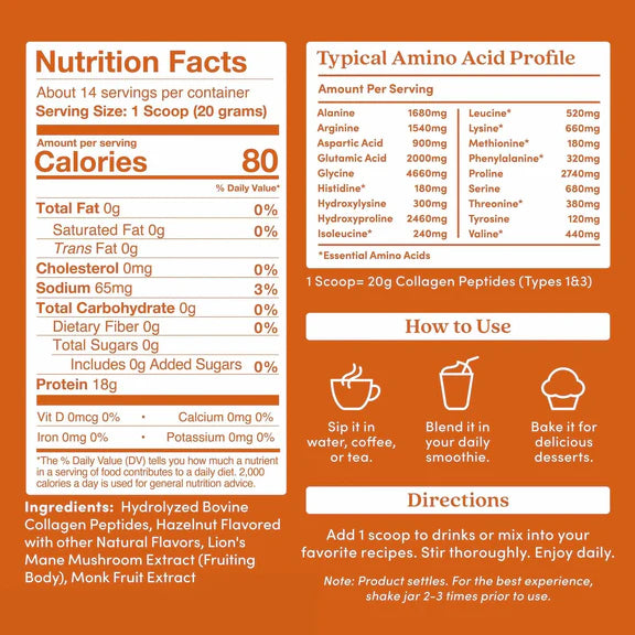 Further Food Hazelnut Bovine Collagen Peptides Powder with Lion's Mane Mushroom